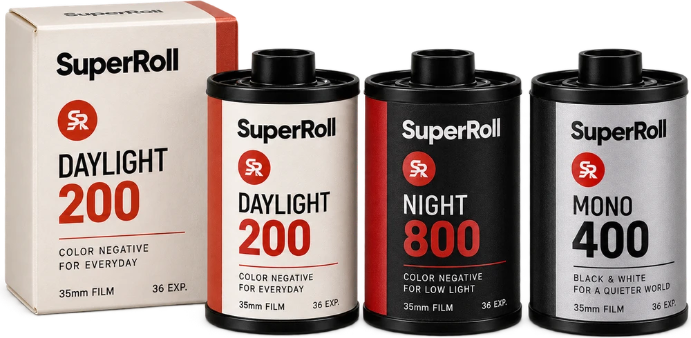 Three original SuperRoll film canisters: Daylight 200, Night 800, and Mono 400.
