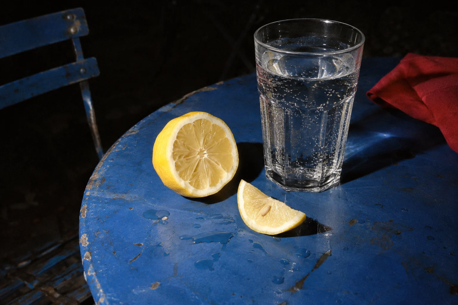 A flash-lit close-up of a cut lemon and wet drinking glass on a blue outdoor table at night.