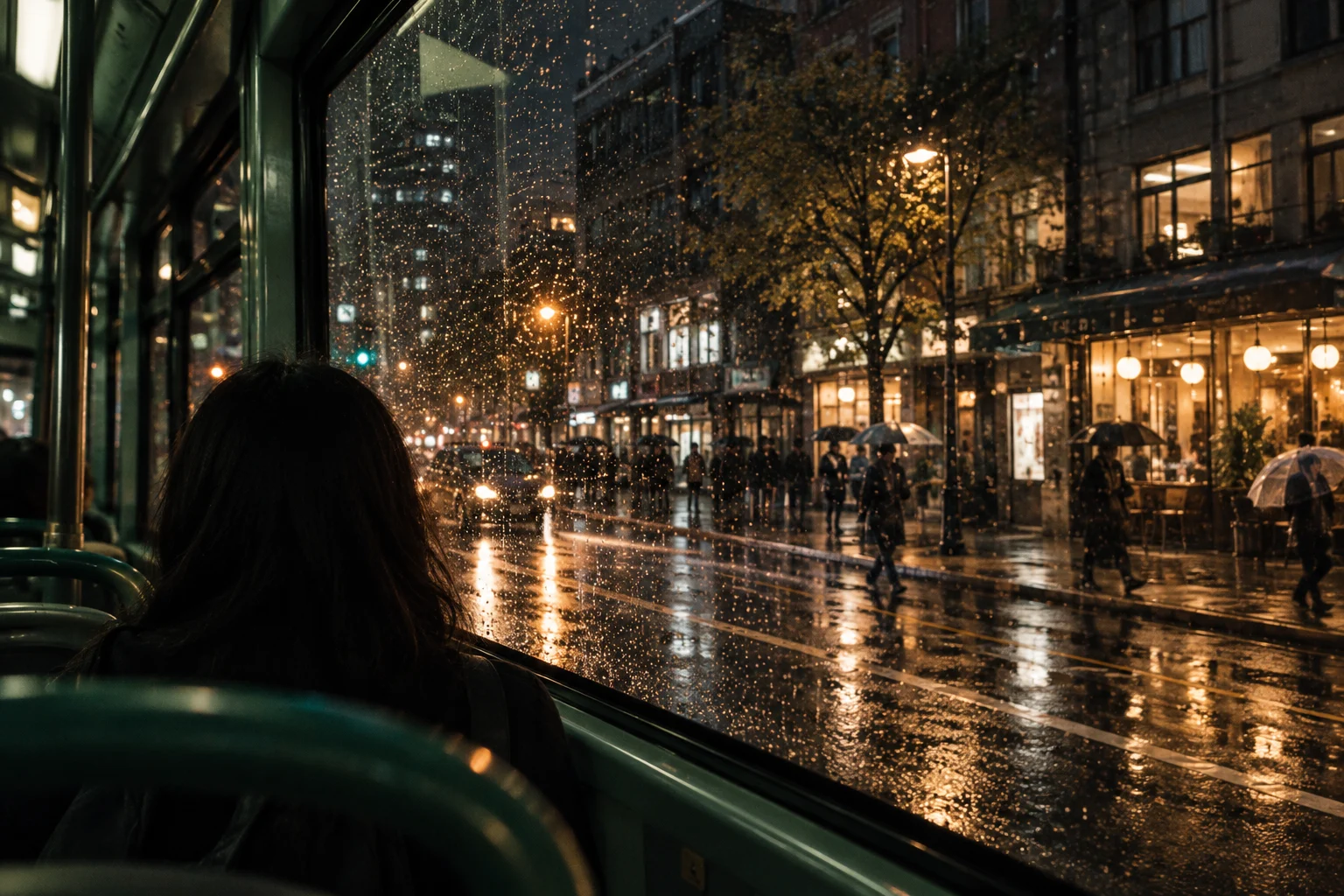 Nighttime city lights and a commuter reflected through a rain-speckled bus window.