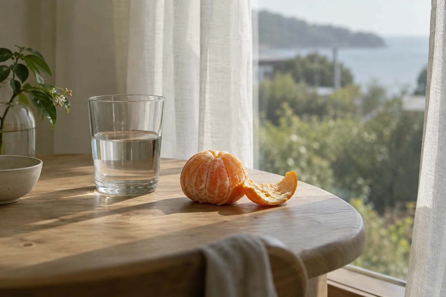 Morning light falls across a glass of water and an orange beside a pale curtain.