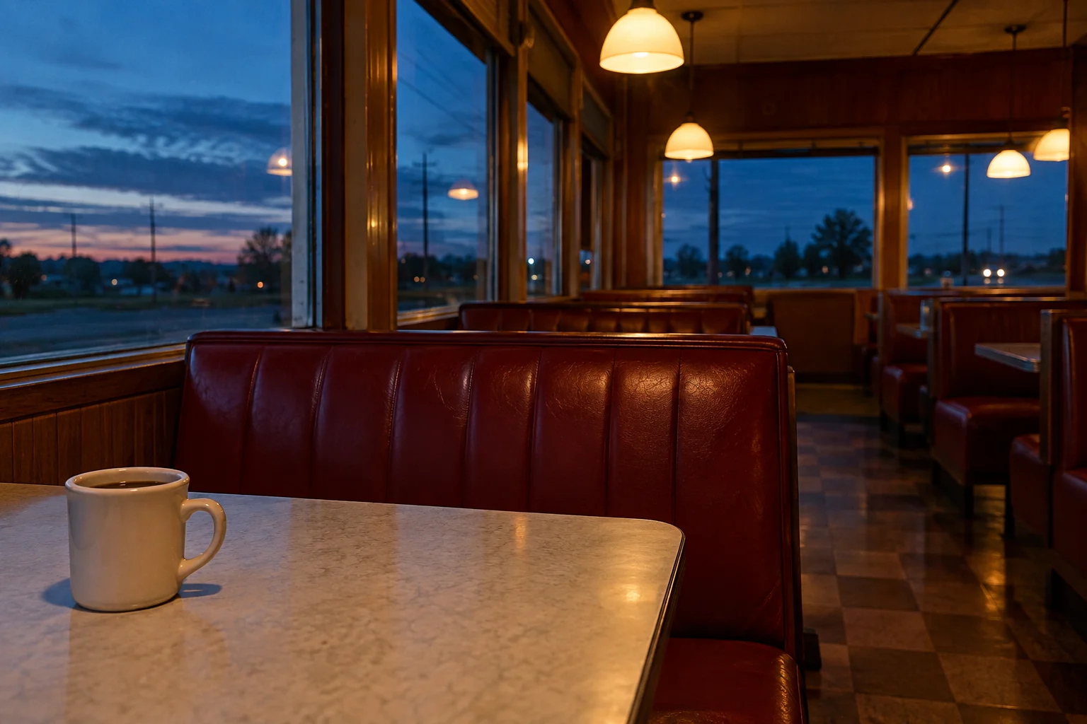 An almost-empty diner with red seating, a lone cup, and cool evening light.