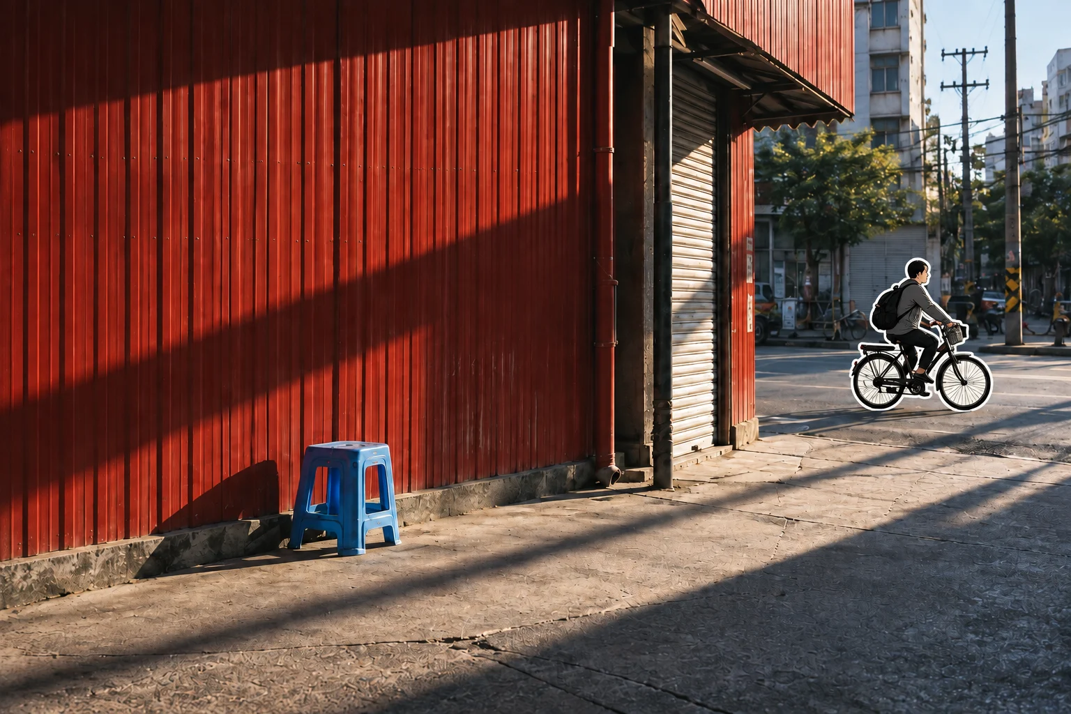 A cyclist rendered as a cutout illustration within the original street photograph.