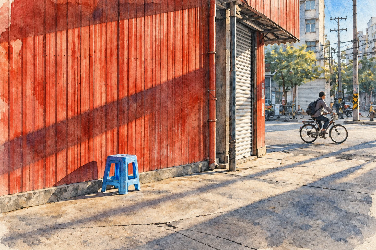 A watercolor interpretation of the red-walled street and cyclist.