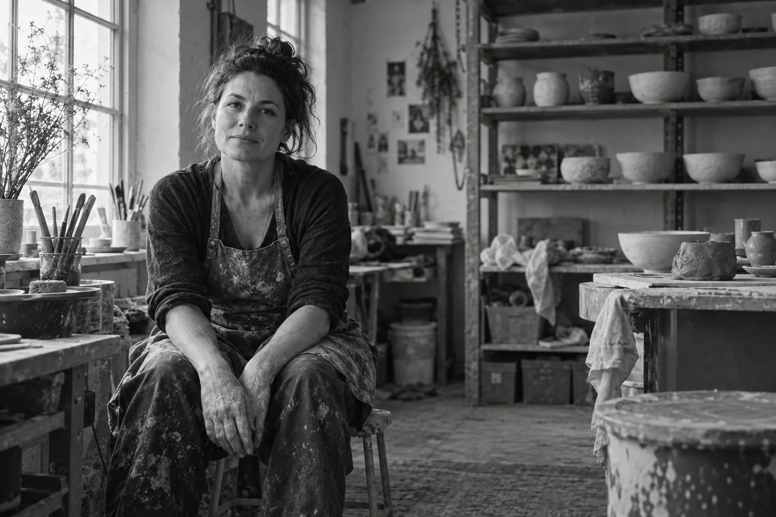 A black-and-white portrait of a potter beside a window, with clay-dusted hands and shelves of bowls.
